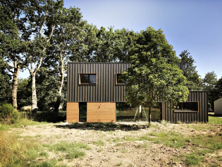 Cette petite maison est en bardage métal noir et la partie espace de vie en bardage bois naturel. La photo montre son insertion dans l'environnement.
