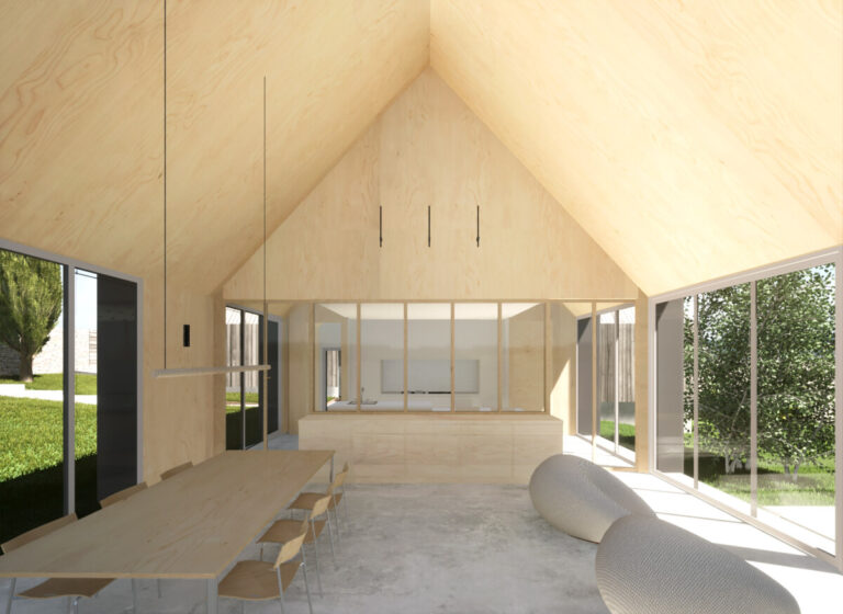 salon de la maison au style scandinave en bois et béton ciré au sol