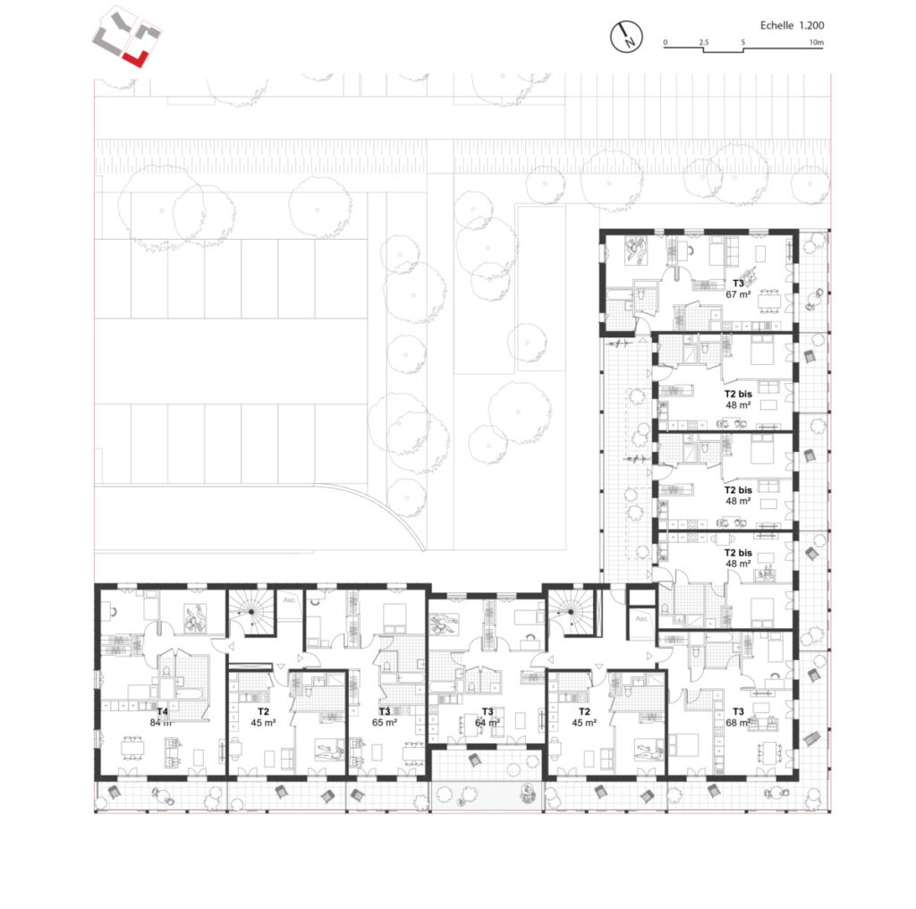 Plan étage pour un concours d'architecture pour la construction de 131 logements collectifs.