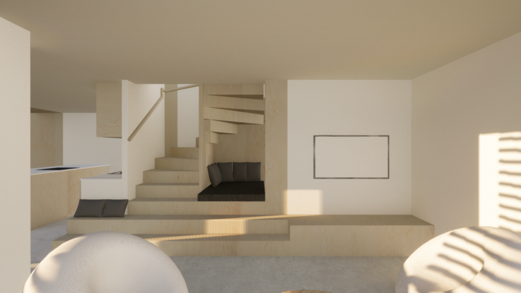 Salon avec mobilier intégré à l'escalier, alcôve lecture sous escaliers