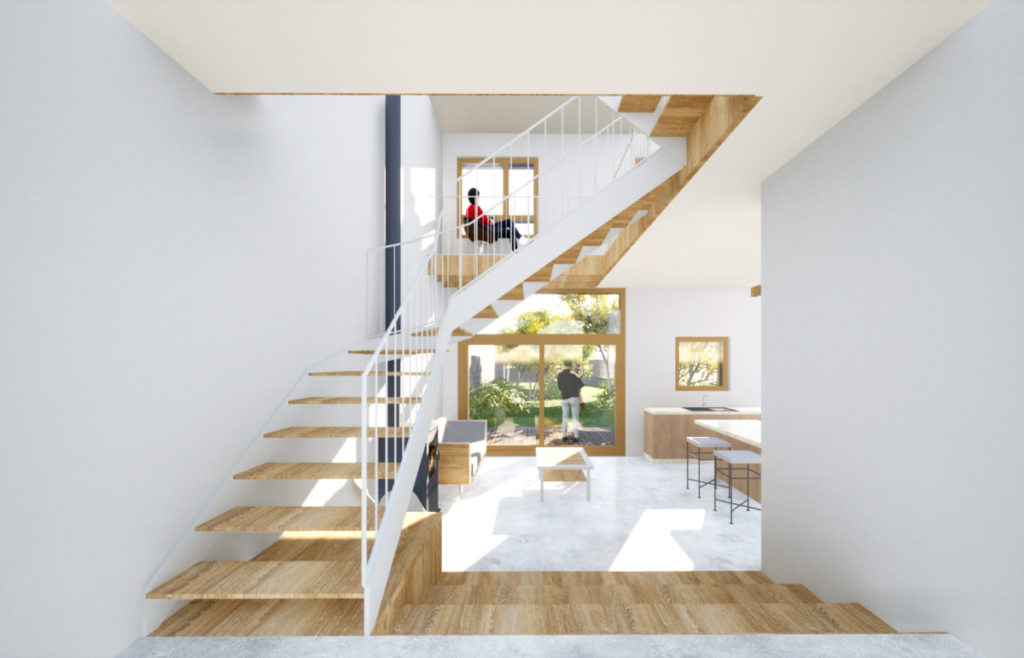 Un escalier en bois et en acier amène à l'étage supérieur. Le salon en contre bas possède un poêle à bois et une grande baie vitrée s'ouvrant sur le jardin.