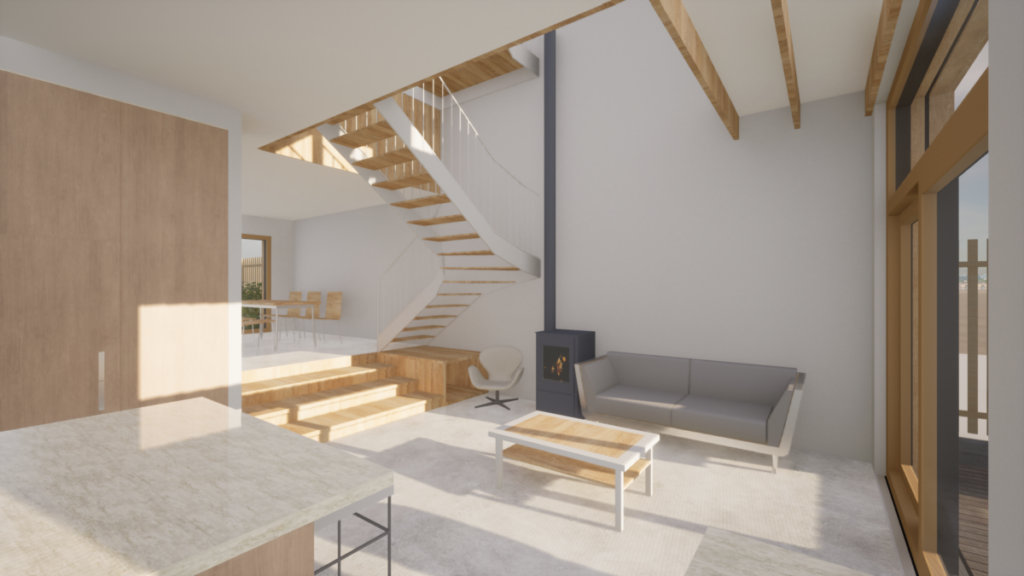 Pièce de vie chaleureuse en demi niveau entre le salon et le séjour. L'intérieur est en bois et en plâtre blanc.