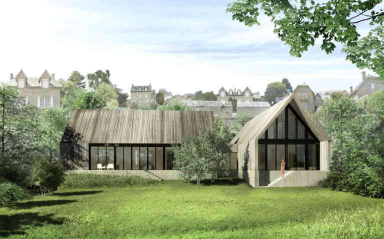 Vue 3D de la maison FAR, grand jardin et bardage bois pré grisé.