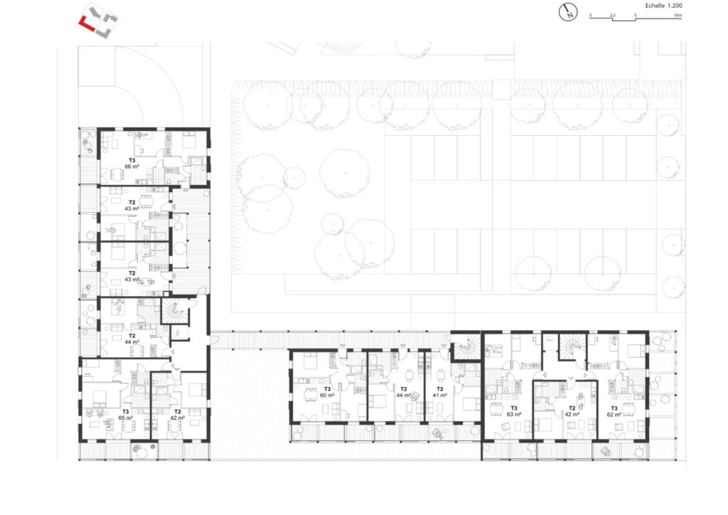 Plan étage pour un concours d'architecture pour la construction de 131 logements collectifs.